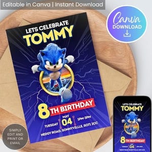 Convite de aniversário do Sonic editável | Modelo de festa digital para impressão | Convite infantil do Sonic, o ouriço | Download do Canva