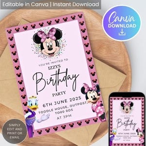 Invito di compleanno modificabile per bambina di Minnie Mouse / Modello di invito per festa di Topolino rosa / Invito Canva a tema Disney / Download immediato
