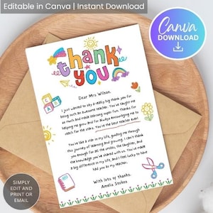 Plantilla editable de carta de agradecimiento para maestros: regalo de fin de curso para maestros, descarga imprimible de Canva, carta infantil colorida