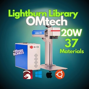 Pode incluir: Um gravador a laser prateado e azul com um botão vermelho e um painel de controle preto e branco. A máquina é etiquetada como "OMtech" e "20W". O texto "Lightburn Library" e "37 Materials" também é visível. A imagem mostra ícones para Windows, Mac, Linux e o software Lightburn.