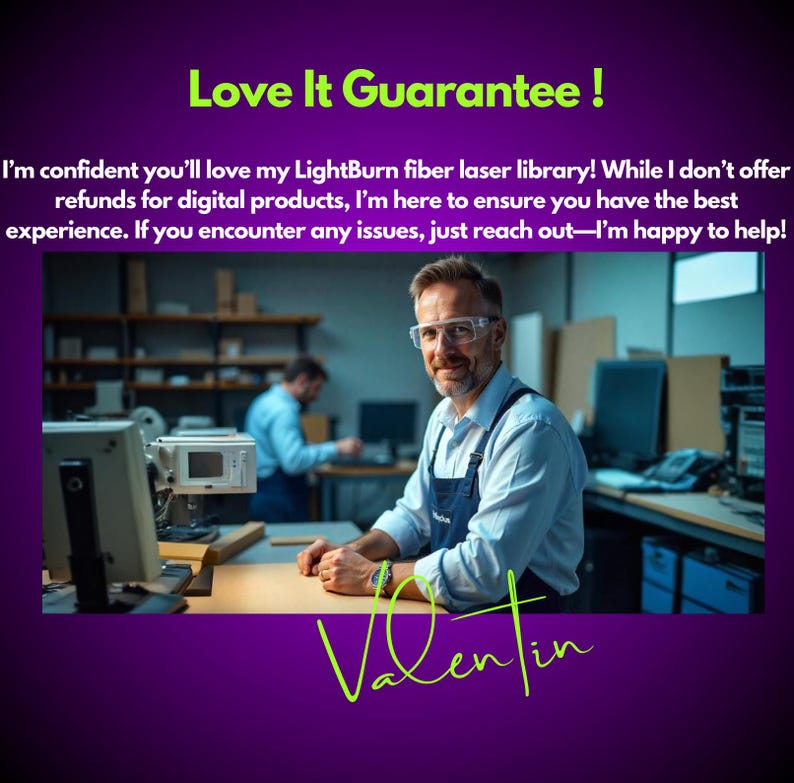 Pu&ograve; includere: Immagine di un uomo sorridente in un laboratorio, con occhiali protettivi e un grembiule. Il testo "Love It Guarantee!" e una firma "Valentin" sono presenti. Un'altra persona lavora sullo sfondo.