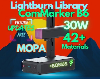 Biblioteca de materiales LightBurn para láser de fibra ComMarker B6 MOPA de 30 W con 42 configuraciones de materiales probadas. Descarga digital instantánea.