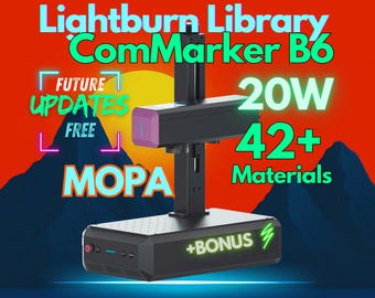 Biblioteca de materiales LightBurn para láser de fibra MOPA ComMarker B6 de 20 W con 42 configuraciones de materiales probadas. Descarga digital instantánea.