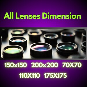 Pu&ograve; includere: Primo piano di pi&ugrave; lenti per fotocamera con vetro riflettente. Il testo "All Lenses Dimension" &egrave; in alto. Sotto le lenti ci sono le dimensioni: 150x150, 200x200, 70x70, 110x110 e 175x175 mm.
