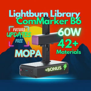 以下が含まれることがあります： 紫色のレーザーヘッドが付いた黒いレーザー彫刻機で、「ComMarker B6 60W」と「42+ Materials」のラベルが付いています。彫刻機は黒いベースに置かれ、緑色の「+BONUS」ラベルが付いています。背景は赤で、青と緑の山脈があります。