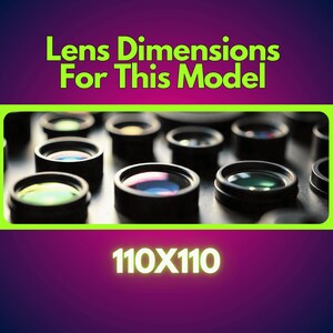 May include: Close-up of multiple black camera lens filters with a green, yellow, and blue reflection. The text "110X110" is displayed below the lenses.