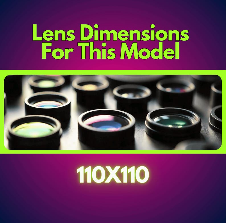 May include: Close-up of multiple black camera lens filters with a green, yellow, and blue reflection. The text "110X110" is displayed below the lenses.