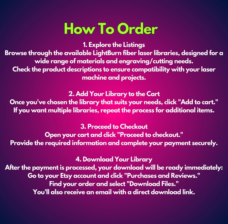 May include: A pink and purple graphic with the text "How To Order" and a list of four steps for ordering LightBurn fiber laser libraries. The steps include exploring the listings, adding the library to the cart, proceeding to checkout, and downloading the library.