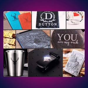 May include: A collection of personalized items that can be engraved with a laser. The items include a phone case, a belt buckle, a lighter, a rock, a coaster, a tumbler, and a wooden plaque. The items are all engraved with different designs, including a deer, a bull, a wolf, and a monogram.