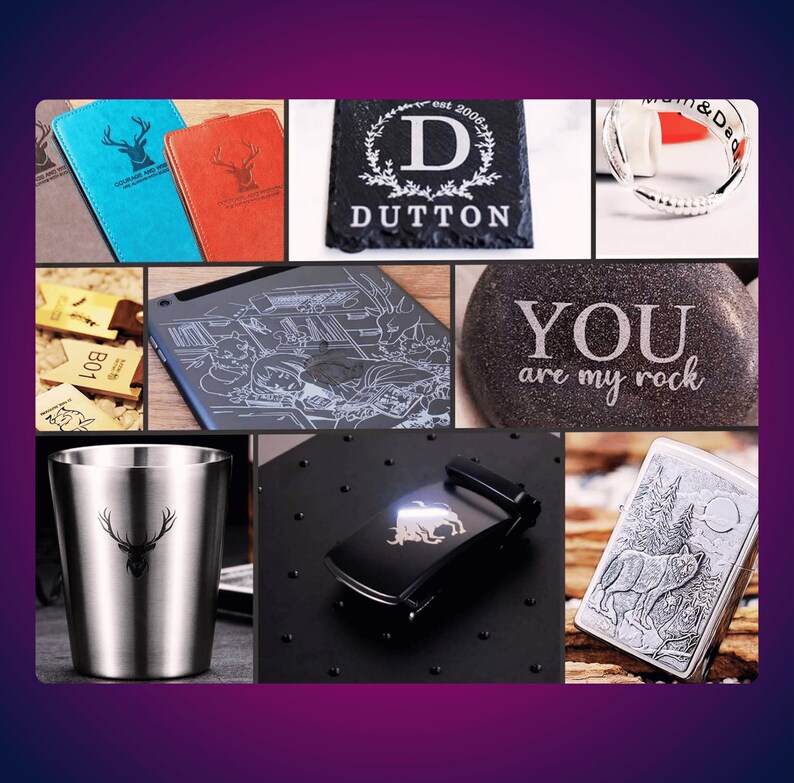 May include: A collection of personalized items that can be engraved with a laser. The items include a phone case, a belt buckle, a lighter, a rock, a coaster, a tumbler, and a wooden plaque. The items are all engraved with different designs, including a deer, a bull, a wolf, and a monogram.