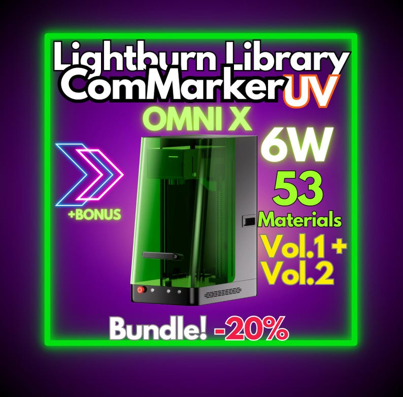 Libreria di materiali ComMarker Omni X UV 6W LightBurn: 53 preset testati (download digitale) immagine 1