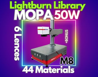 Láser de fibra Mopa M8 de 50 W, biblioteca LightBurn: 44 materiales, 6 lentes (descarga digital)