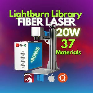 Puede incluir: Una máquina de grabado láser de fibra con el texto "Lightburn Library FIBER LASER 20W 37 Materials". La máquina tiene un gabinete blanco y azul con un marco plateado. La imagen también incluye iconos de software.