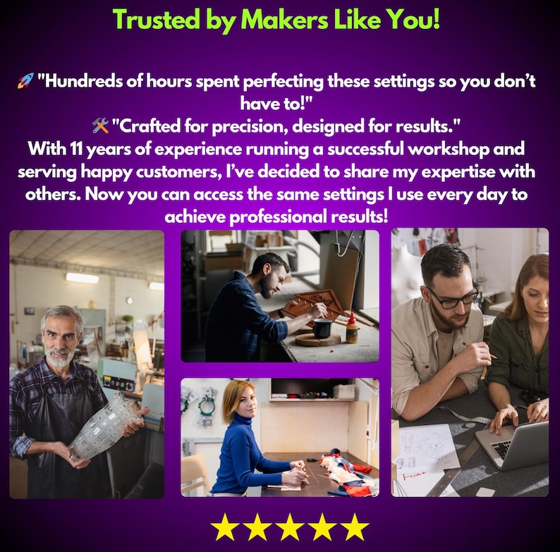 Pu&ograve; includere: Una grafica viola con il testo "Trusted by Makers Like You!" e testo sulla condivisione di competenze. L'immagine include foto di persone che lavorano su artigianato e una valutazione a cinque stelle.