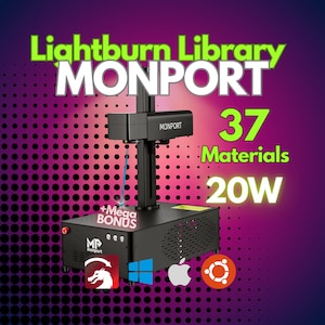 May include: A black laser engraver with a 20W laser, labeled "Lightburn Library MONPORT" and "37 Materials". The engraver is on a black base with a "Mega Bonus" label. The engraver is compatible with Windows, Mac, and Linux operating systems.