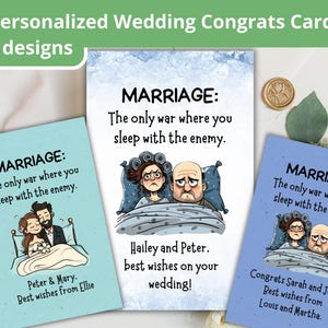 Carte de mariage personnalisée drôle de félicitations, meilleurs voeux imprimables personnalisés pour la mariée, le marié, voeux de fiançailles sarcastiques, félicitations de jeunes mariés