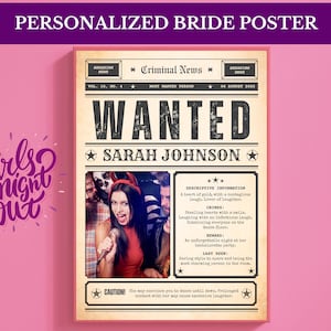 Personalisiertes Steckbrief-Poster Junggesellinnenabschied, Brautfoto für Brautparty, Junggesellinnenabschied Wilder Westen