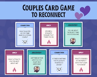 May include: A set of colorful cards with prompts for a couples card game. The cards are divided into three categories: Connection, Spicy, and Discovery. Each card has a different question or prompt related to the category. The cards are designed to help couples reconnect and learn more about each other.