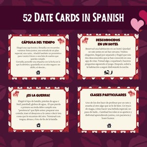 Könnte beinhalten: Ein Set mit 52 spanischen Date-Karten mit Ideen für Verabredungen. Die Karten befinden sich auf einem dunkelroten Hintergrund mit Herz- und Lippenmotiven. Jede Karte hat einen Titel und eine Beschreibung.