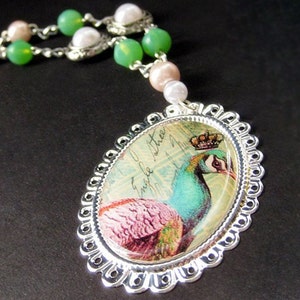 Peacock Necklace. Beaded Necklace. Bird Necklace. Mint Green Necklace. Pink Necklace. Silver Necklace. Handmade Necklace. Handmade Jewelry. image 1