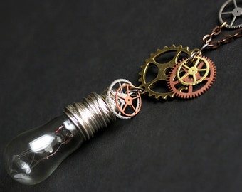 Steampunk Necklace. Wire Wrapped Lightbulb Necklace. Steampunk Gear Necklace. Mixed Metal Necklace. Light Bulb Necklace. Handmade Necklace.