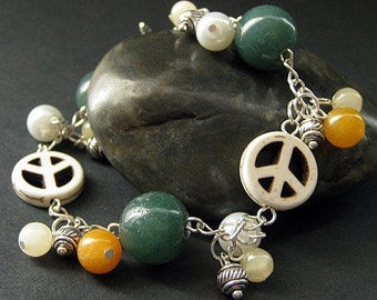 Hippie Bracelet. Peace Bracelet. Peace Sign Charm Bracelet. Gemstone Bracelet with Howlite, Orange Jade, and Aragonite. Handmade Jewelry.