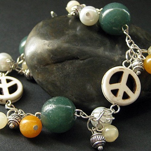 Hippie Bracelet. Peace Bracelet. Peace Sign Charm shops Bracelet. Gemstone Bracelet with Howlite, Orange Jade, and Aragonite. Handmade Jewelry.