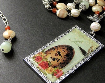 Vintage Bird Egg Necklace. Ostrich Egg Pendant. Nature Jewelry. Jasper, Jade & Pearl Beaded Necklace. Botanical Jewelry. Bird Lover Gift.