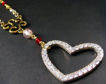 Rhinestone Heart Necklace. Sweetheart Necklace. Pink Necklace. Beaded Necklace. Gold Necklace. Red Necklace. Handmade Jewelry.