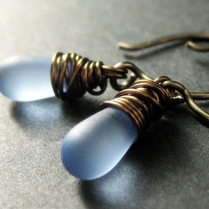 Blue Earrings. Wire Wrapped Earrings in Bronze - Elixir of Blue Skies. Handmade Earrings.
