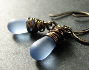 Handmade Blue Glass Earrings: Bronze Wire Wrapped Teardrop
