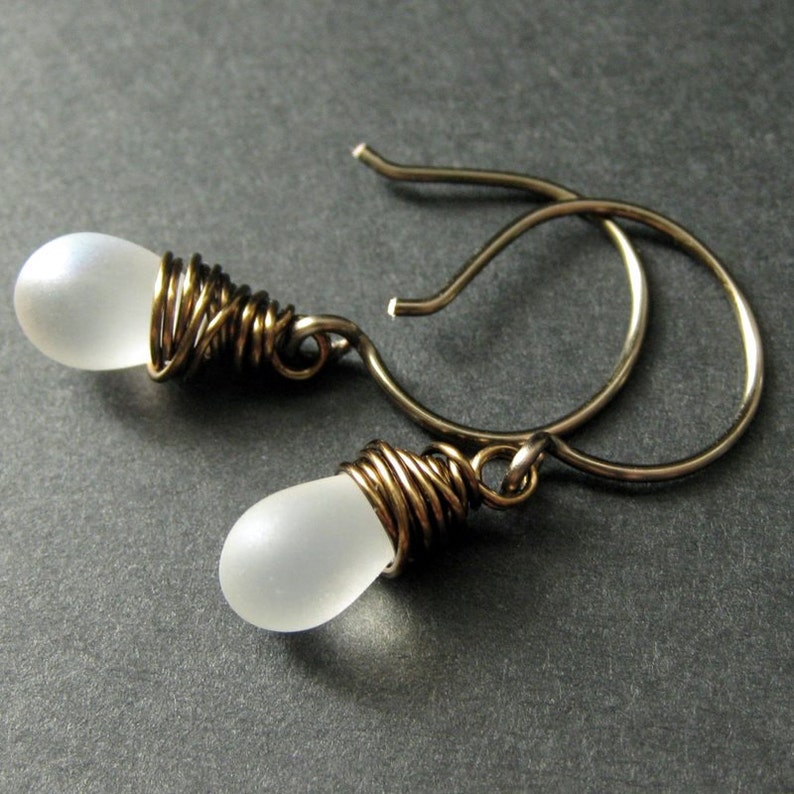 Frost White Earrings: Teardrop Earrings Wire Wrapped in Bronze Elixir of Frost. Handmade Earrings. image 5