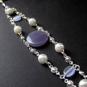 Angelite Bracelet in Lilac Purple, Silver and Pearls. Handmade Jewelry