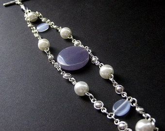 Angelite Bracelet in Lilac Purple, Silver and Pearls. Handmade Jewelry