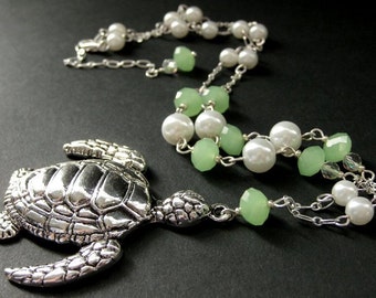 Silver Turtle Necklace. Sea Tortoise Necklace. Aqua Crystal Necklace. Sea Green Necklace. Ocean Necklace. Handmade Jewelry.