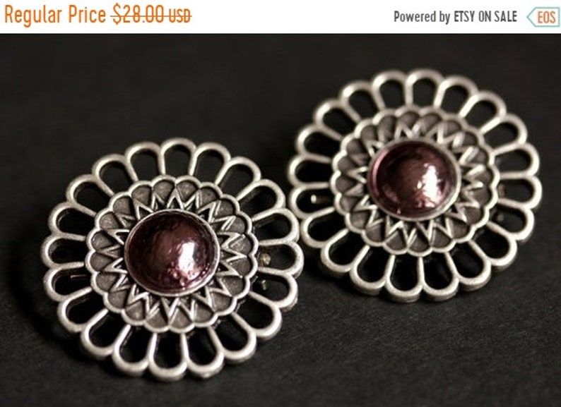 HOLIDAY SALE Set of Two Aged Silver Shoulder Brooches Norse Brooches in Mauve Glass Apron Pins Viking Brooches Handmade Historical Reenact