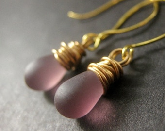 Purple Drop Earrings. Wire Wrapped Earrings. Amethyst Clouded Glass Earrings in Gold - Elixir of Dreams. Handmade Earrings.