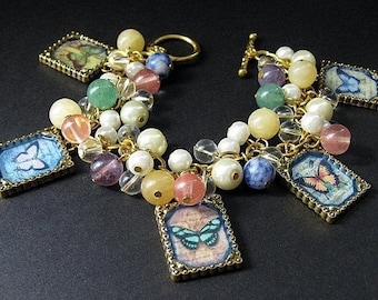 Butterfly Bracelet. Charm Bracelet. Gemstone Bracelet in Jade, Quartz, Aventurine, Amethyst and Sodalite. Handmade Jewelry.