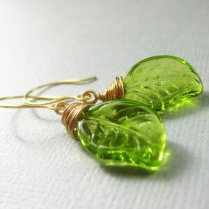 Glass Green Leaf Earrings, Wire Wrapped. Handmade Jewelry image 4