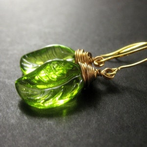 Glass Green Leaf Earrings, Wire Wrapped. Handmade Jewelry image 3
