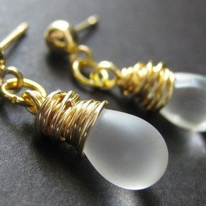 Wire Wrapped Earrings in Gold with Post Earrings and Frosted Glass Teardrops. Handmade Jewelry