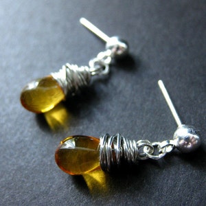 Honey Glass Teardrop Stud Earrings Wire Wrapped in Silver. Handmade Jewelry image 3