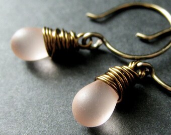 Teardrop Earrings. Frosted Pink Earrings. Wire Wrapped Dangle Earrings in Bronze - Elixir of Sugar. Handmade Earrings.