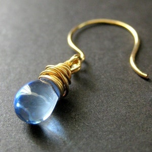 Blue Teardrop Earrings Wire Wrapped Elixir of Raindrops in Gold. Handmade Jewelry image 3