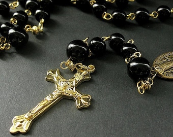 Black Rosary. Catholic Rosary. Mens Rosary. Unisex Rosary Handmade in Black and Gold.