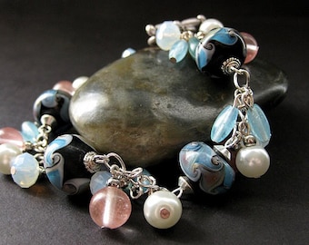 Lampwork Charm Bracelet in Baby Blue, Pink Cherry Quartz and Pearl. Handmade Jewelry.