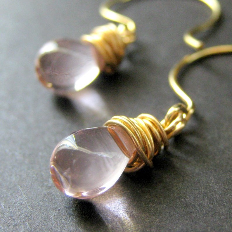 Pink Glass Teardrop Briolette Earrings Wire Wrapped in Gold Elixir of Innocence. Handmade Earrings. image 3