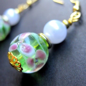 Green Earrings. Lampwork Earrings with Pink Flowers Peony Petals. Handmade Jewelry. image 2