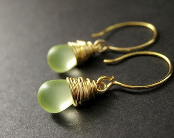 Wire Wrapped Earrings: Teardrop Earrings in Frosted Lemon Lime Glass and Gold. Handmade Jewelry.
