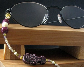 Glasses Lanyard or Badge Holder. Beaded Lanyard with Purple Tiki Beads, Bone Beads and Jobs Tears. Purple Eyeglass Chain. Face Mask Lanyard.